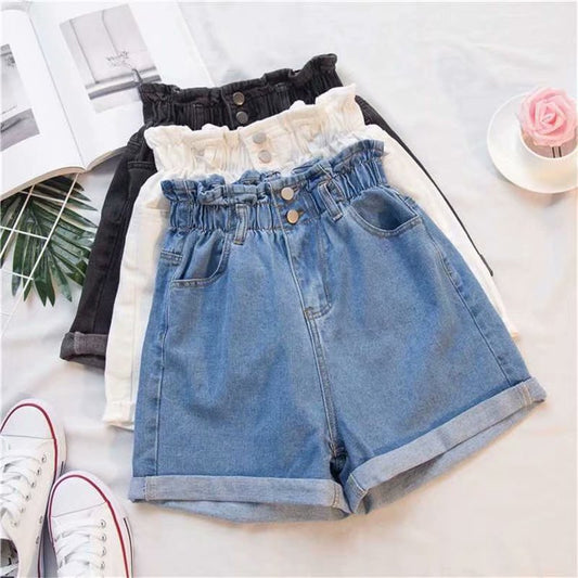 Denim shorts, women's summer Korean version of elastic waist, straight leg, loose and versatile, high-waisted rolled A-line wide-leg hot pants