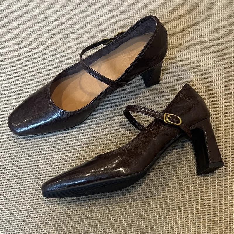 Soft sheepskin black high heels 2025 spring and autumn new French retro block heel strap Mary Jane women's singles