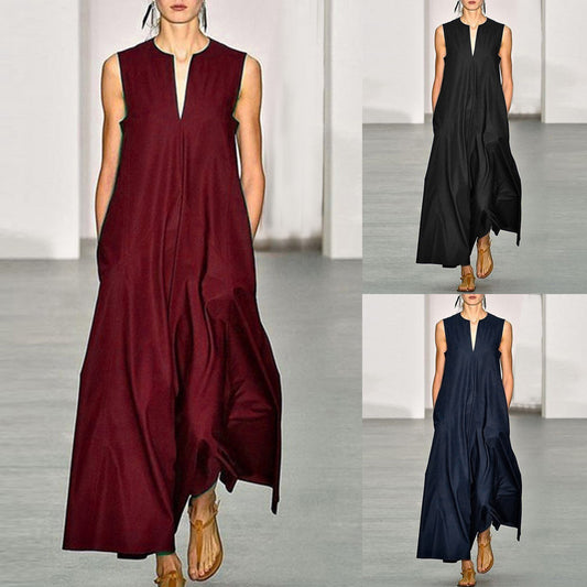 2021 Amazon wish European and American cross-border new fashion deep V neck solid color sleeveless long dress in stock