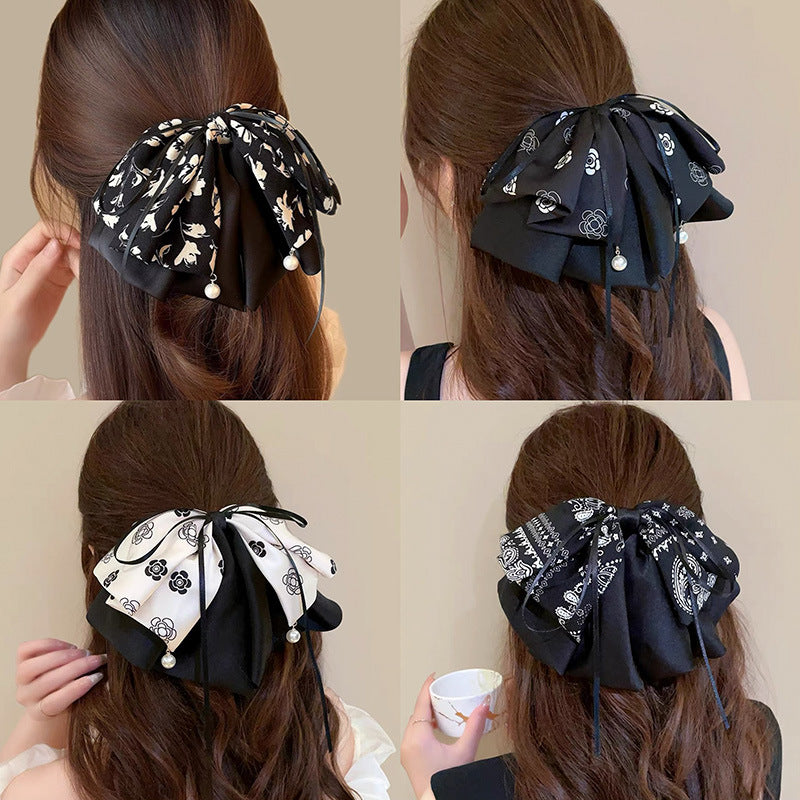 Vintage satin bow grab clip women's high-end temperament elegant low ponytail clip back of the head clip headwear hairpin