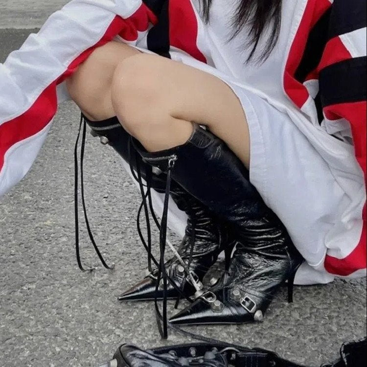 European and American new pointed toe thin heel metal rivet motorcycle catwalk women's boots belt buckle tassel plus size knight fashion boots