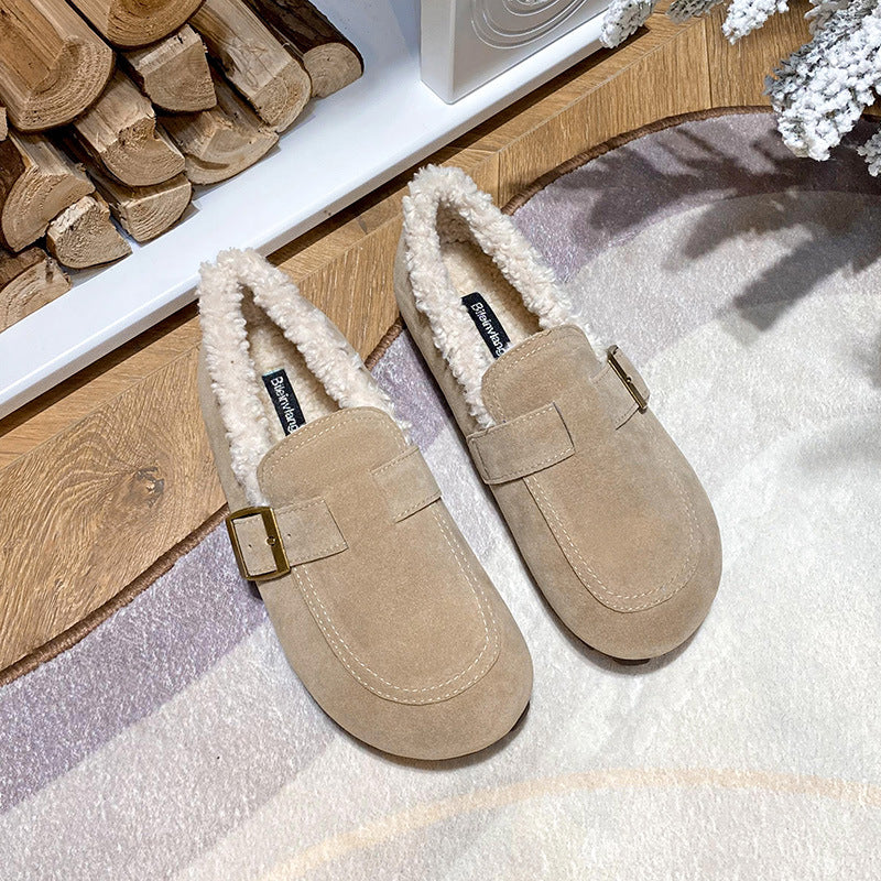 Birkenstock women's 2023 new autumn and winter maternity shoes one-foot pedal women's shoes plus fleece bean soft-soled Birkenstock shoes are all-inclusive