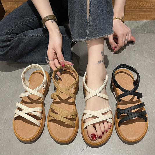Upgraded new roman sandals women's flat elastic band soft soled summer sandals women's crossover strap wear sandals