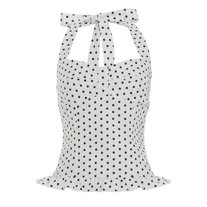 Summer 2024 polka dot print, contrasting lace side panels, V-neck, sleeveless halterneck, leaky back, sexy fashion vest