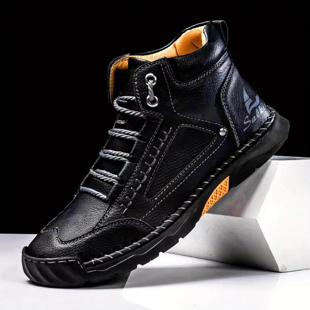 Cross border plus size men's PU leather boots men's fashion hand-stitched ankle boots flat lace-up casual shoes
