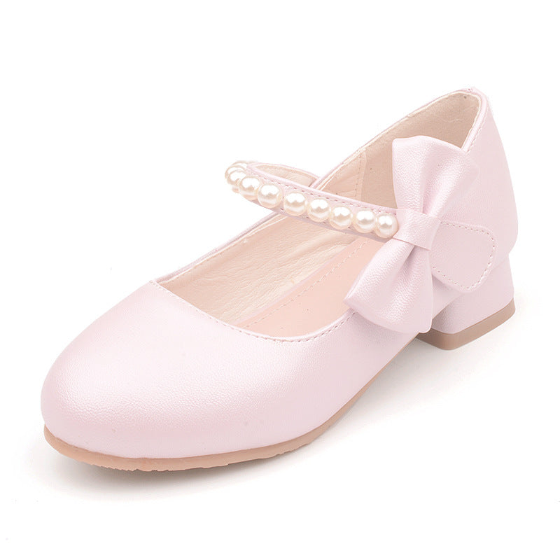 Children's shoes factory wholesale children's leather shoes white bow spring and autumn girls high-heeled princess shoes pearl tide shoes