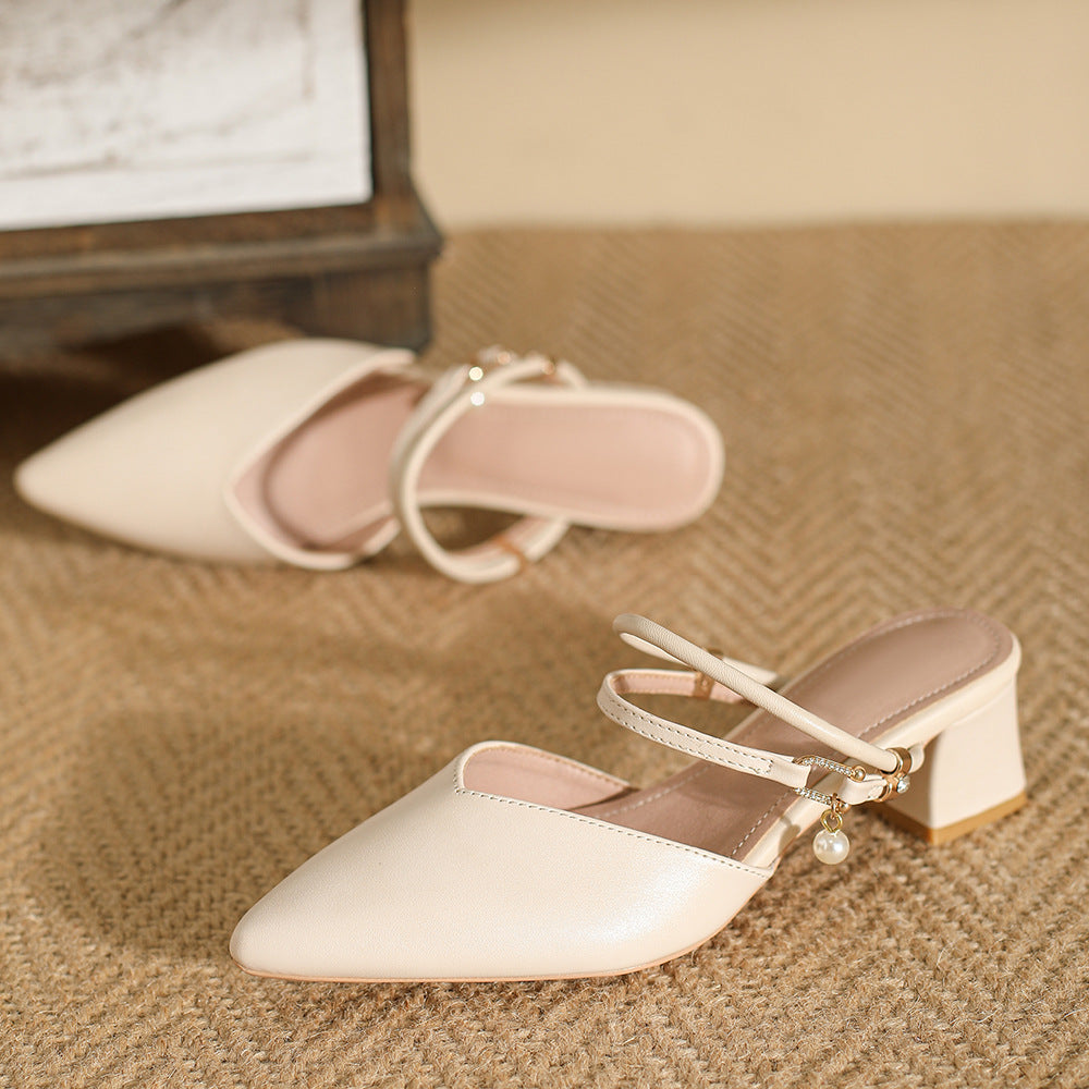 Sandals Women's 2024 Summer New Pointed Toe Single Shoes Thick Middle Heel Half Support Beautiful High Heel French Baotou Slippers