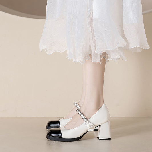 French vintage block heel Mary Jane shoes small fragrance style color-blocked patent leather pearl block heels high heels women