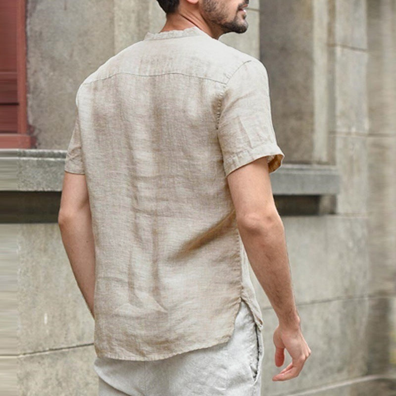 European and American hot sale men's solid color stand-up collar semi-open thin short-sleeved shirt tops foreign trade men's clothing