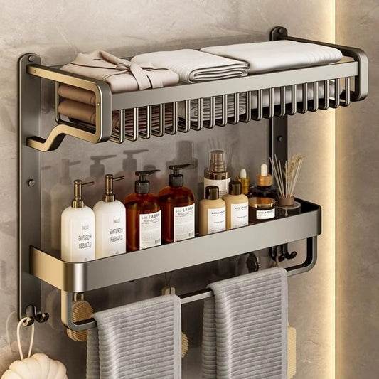 Towel rack, toilet storage, non-perforated, bathroom storage, space aluminum, thickened bath towel rack, double wall-mounted