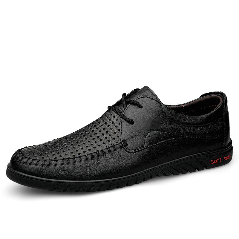 2025 men's spring and summer leather shoes, breathable for work, cowhide soft leather soft soles, casual hole leather shoes, middle-aged business shoes