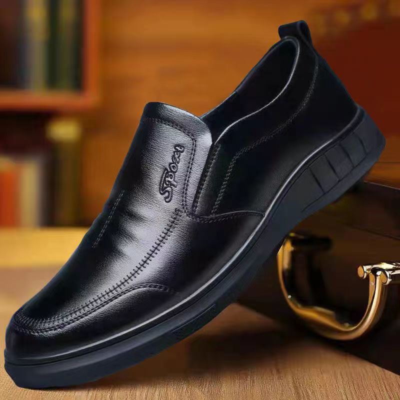 Middle-aged and elderly leather shoes, British style, four seasons fashion, soft soles, round toe shoes, business light men's casual leather shoes