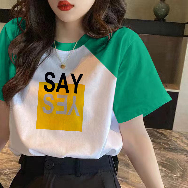 100 cotton contrasting short sleeve t-shirt women's 2024 new spring and summer loose body shirt versatile top ins tide girl