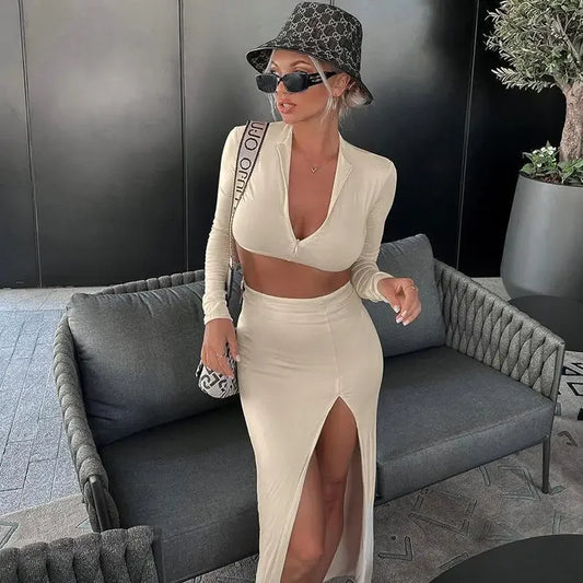 Cross-border foreign trade women's clothing European and American style sexy two-piece set women's long sleeve zipper crop top high slit skirt set wholesale