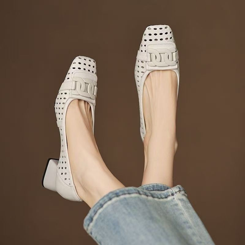 French pumps women's spring/summer 2025 new square-toe hollow breathable flat versatile Mary Jane shoes