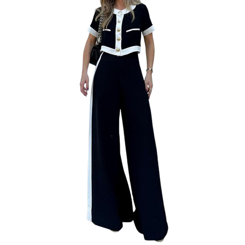 Spot 2024 Autumn Winter New Cross Border Women's Fashion Commuter Short Sleeve Cropped Top Straight Leg Pants Set of 2