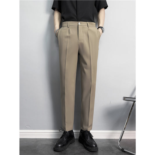 Slim fit, straight, anti-wrinkle suit trousers, men's non-iron, business casual pants, high-end drape, black cropped trousers