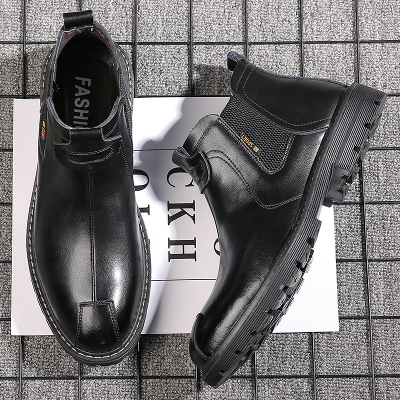 Chelsea boots men's British style Martin boots high-top leather winter plus velvet warm mid-top boots men's thick-soled ankle boots
