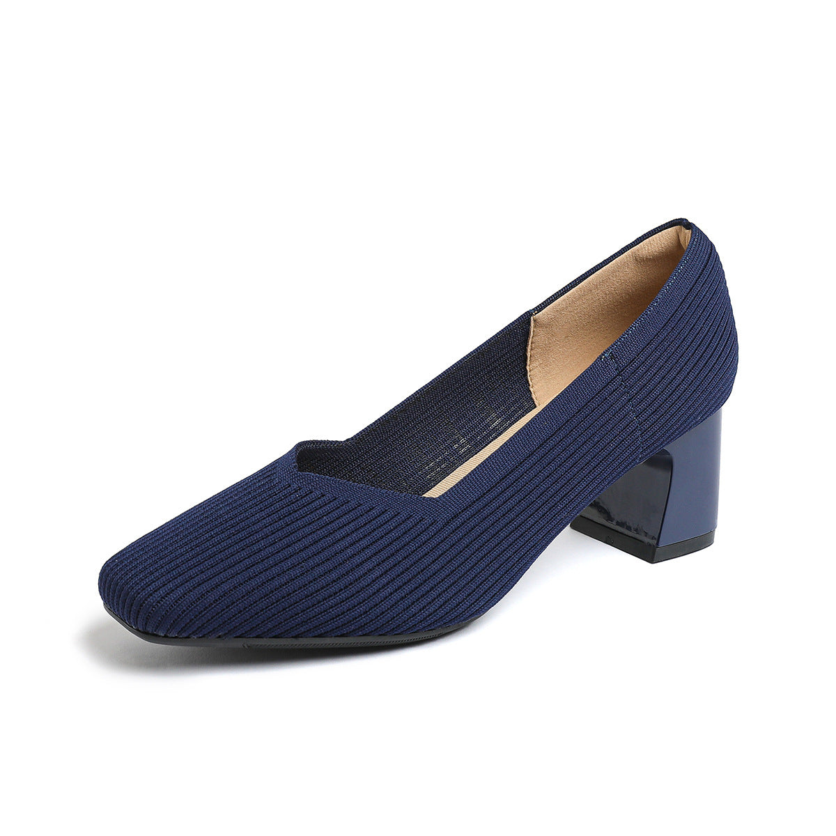 Japanese princess single shoes, women's square toe, thick heels, flying knitted shoes, comfortable and breathable, commuter high heels, breathable and versatile style