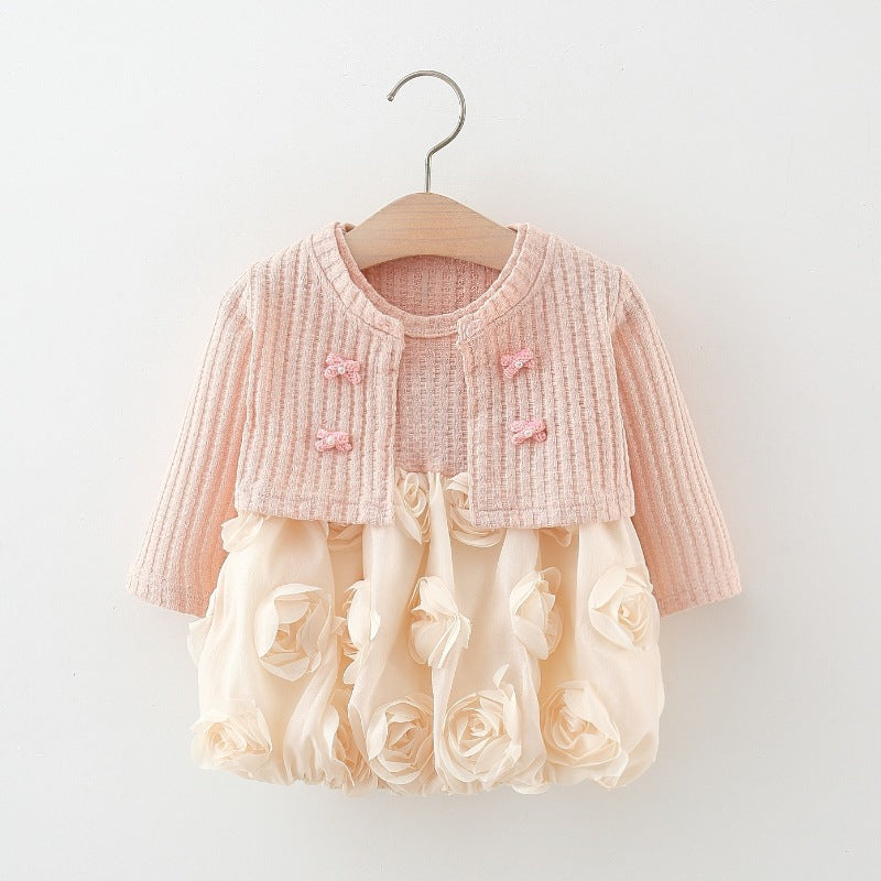 Children's Clothing Girls' Skirt Set Spring and Autumn Children's Baby Knitted Cardigan + Rosebud Princess Skirt Two-piece Set
