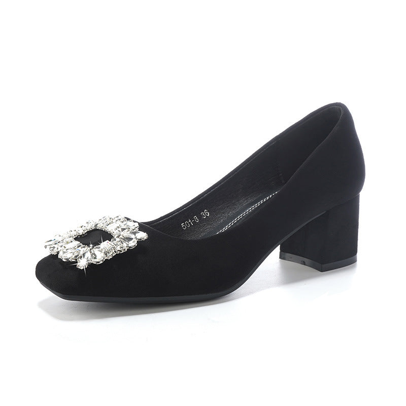 Black suede commuter high heels women's 2025 spring and autumn new square toe thick heel shallow rhinestone professional French shoes