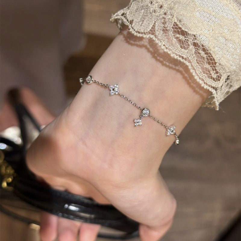 Longlong Gold 2024 New S925 Silver Tassel Bracelet Temperament Fashion and Versatile Women's Full Diamond Adjustable Anklet