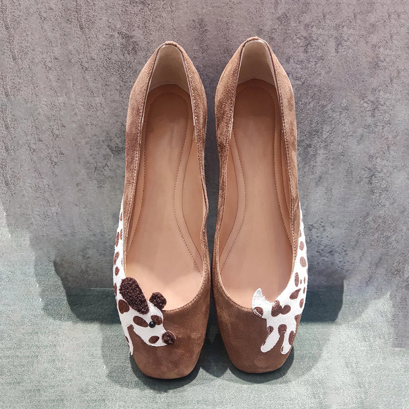 Maillard style~~ khaki cute flat boat shoes women's retro versatile soft soled soft face square toe Mary Jane single shoes