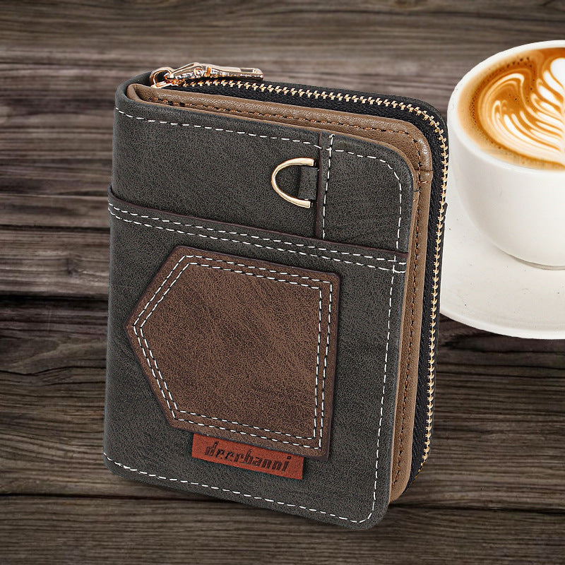 New spliced men's dollar wallet simple folding small retro coin purse European and American business double fold zipper zero