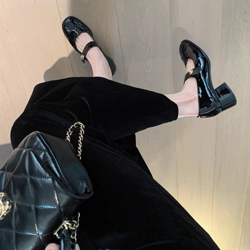 Small fragrance style Mary Jane shoes women's French one-button spring flat shoes shallow thick heels small leather shoes loafers women
