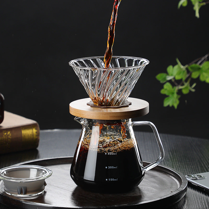 Wholesale pour-over glass coffee sharing pot cloud pot moka pot with wooden holder filter coffee pot set can be printed