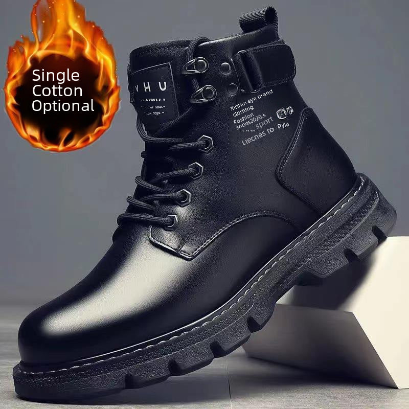 2022 New Fall/Winter Fleece Martin Boots Men's Mid-Top British Casual Platform Black Cargo Leather Boots