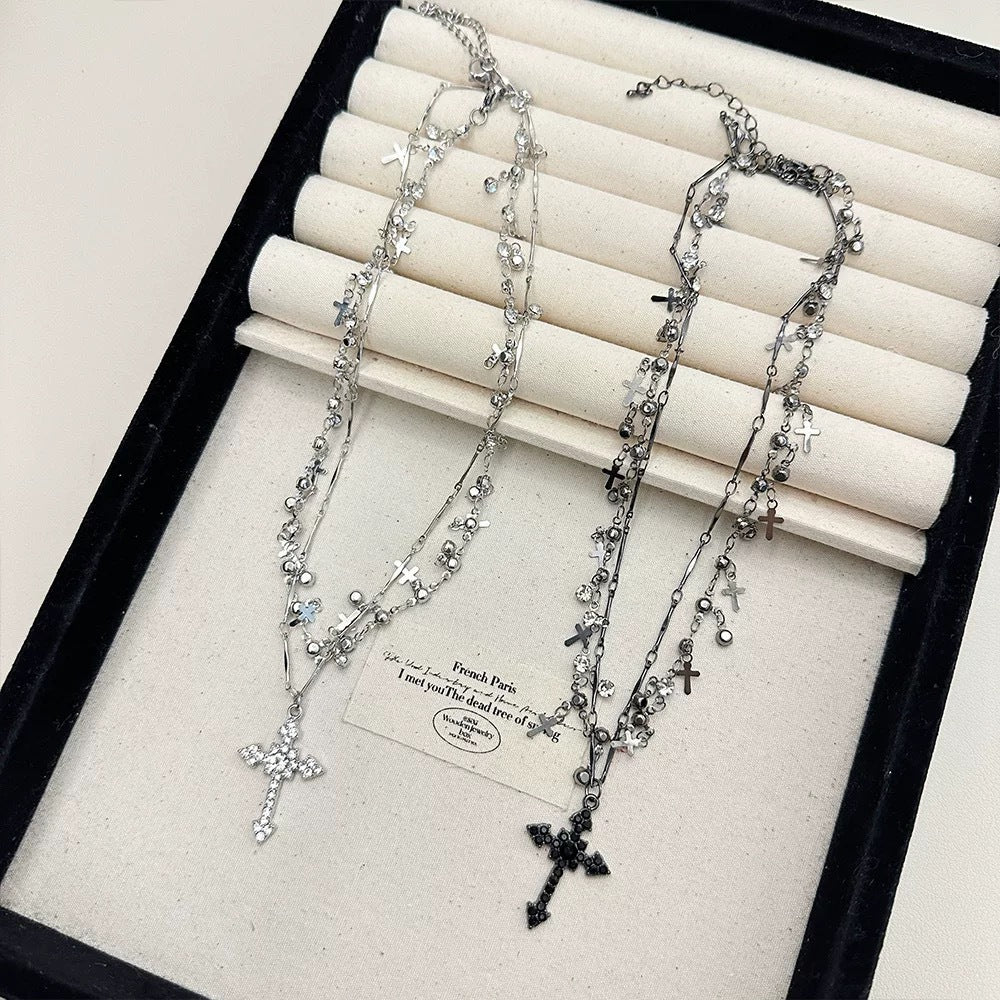 Dark sweet cool design sense diamond cross pendant necklace female niche sense of luxury multi-layered clavicle chain tide