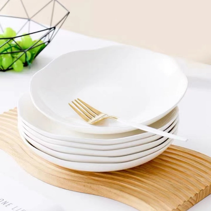 Pure white ceramic plate, vegetable plate, household simple tableware, underglaze colorful vegetable plate, deep dinner plate, Nordic creative lotus leaf plate