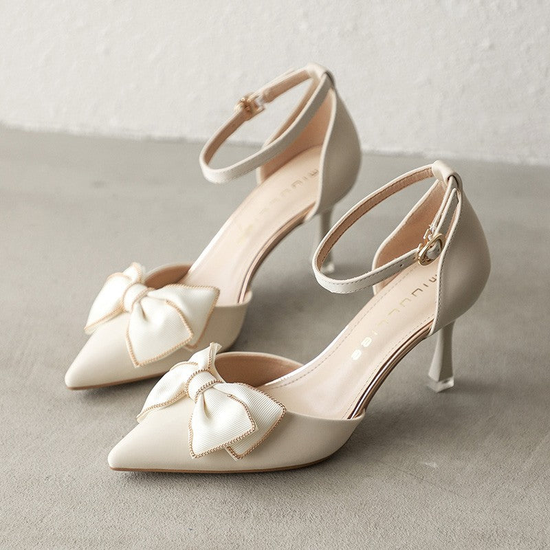 Fairy shoes gentle with skirt bow single shoes women's middle heel French temperament stiletto heel pointed heels spring and autumn