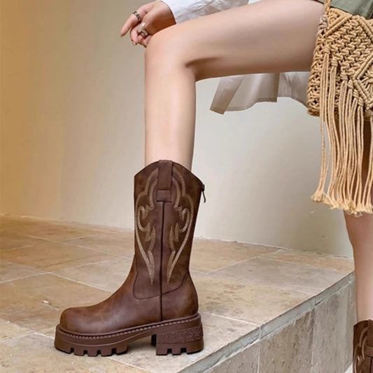 Retro soft leather platform soled versatile western cowboy boots small man kawanishi travel boots autumn and winter women's martin boots