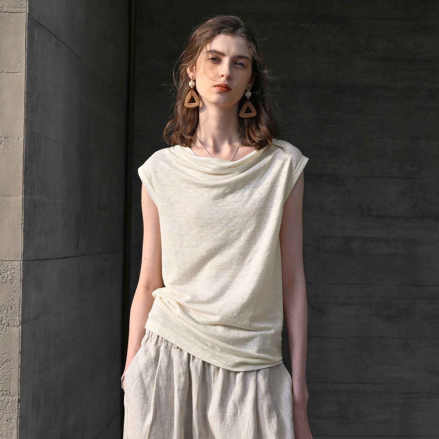 100% hemp one-shoulder swing neck knit short sleeve summer high-end light sheer slim top French slouchy shirt