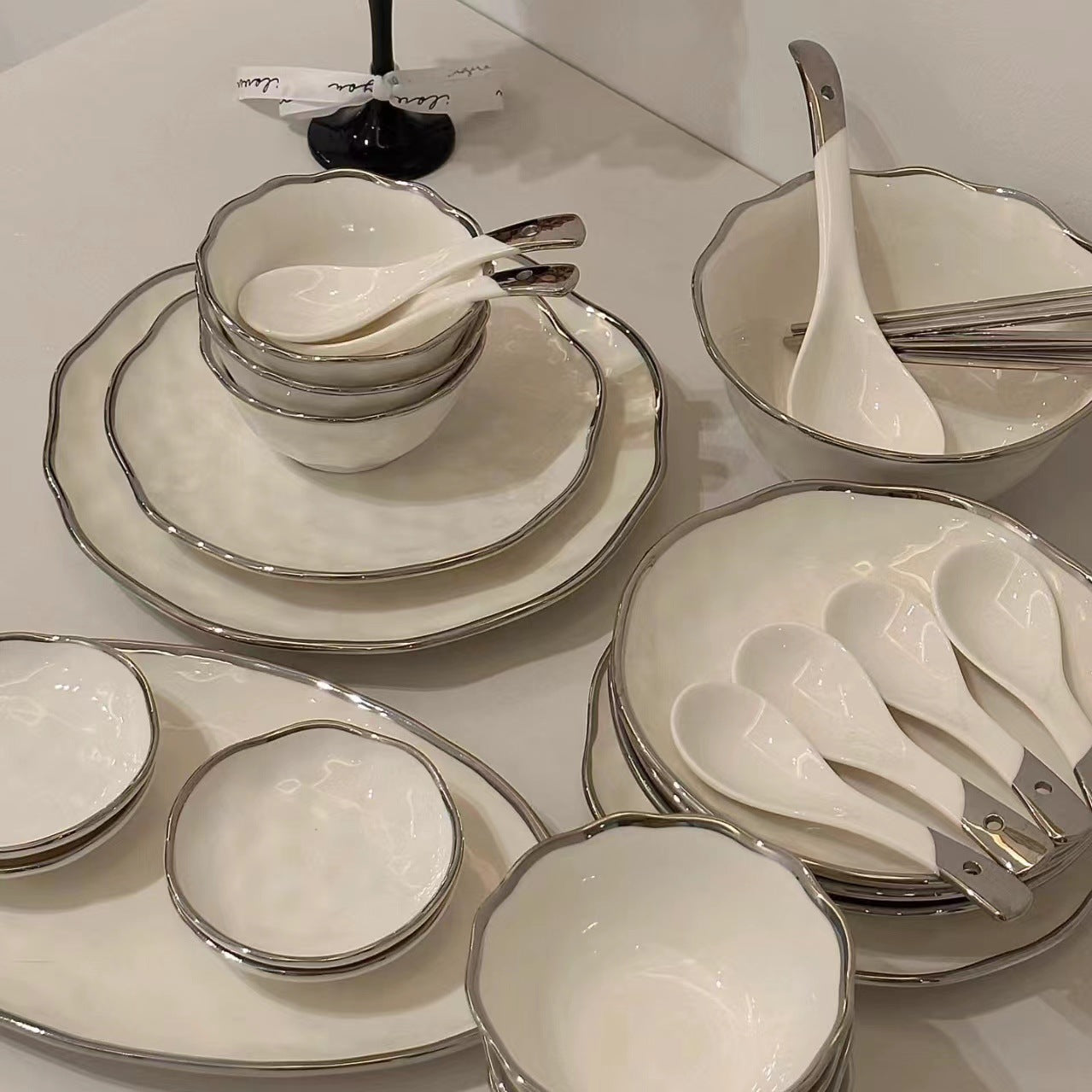 Nordic light luxury high-value dishes high-end silver-edged white ceramic tableware housewarming household plates and bowls combination set