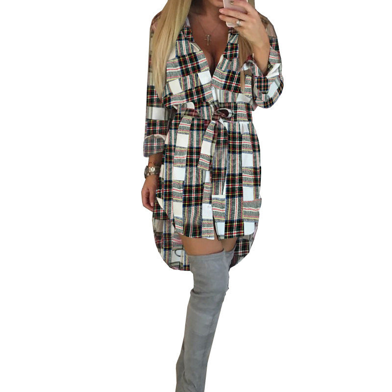 FC075 Spot 2025 Fall/Winter New Cross Border Women's Fashion Temperament Lapel Long Sleeve Midi Plaid Shirt