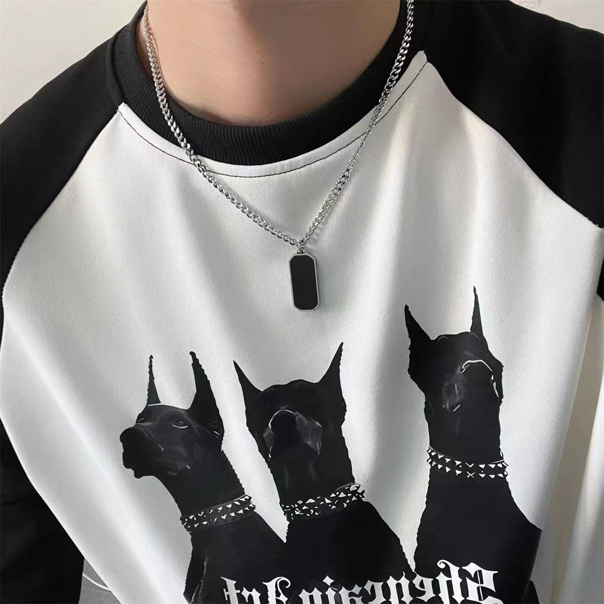 Black and white squares, glass stitching necklaces, men's niche, simple and versatile, titanium steel clavicle chain, light luxury, personality hip-hop jewelry