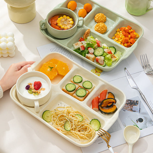High-value simple cream-style breakfast plate creative light luxury fat reduction color glaze ceramic ceramic tableware compartment dinner plate