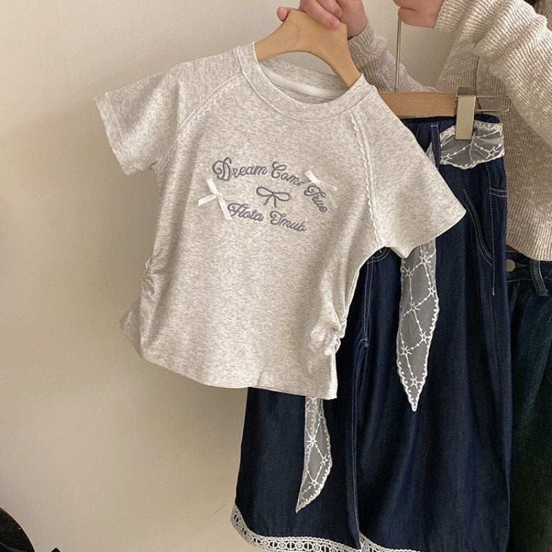 Girls short sleeve cotton t-shirt summer 2025 new children's bow letter medium and big children's fashion top