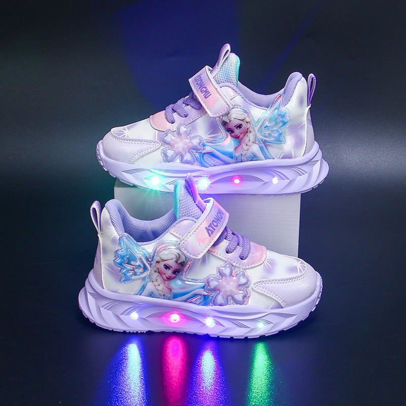 Princess Elsa sneakers with lights, new leather breathable fleece comfortable student running shoes for autumn and winter