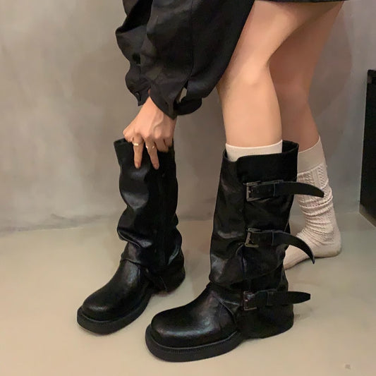 Niche vintage block heel mid-height boots, western cowboy pile boots, rider boots, early fall martin boots, French women's boots