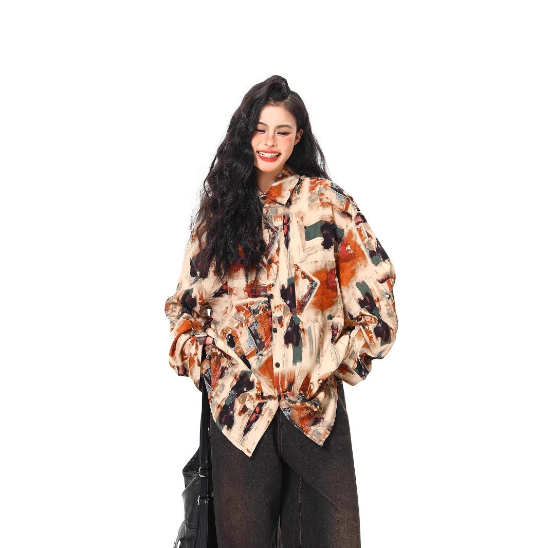 Hong Kong style retro baroque short-sleeved floral shirt summer American style unique oil painting style loose Cuban collar shirt hip girl