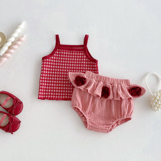 25 baby new girl cute summer super cute sleeveless suspender plaid flower fart skirt baby playful suit