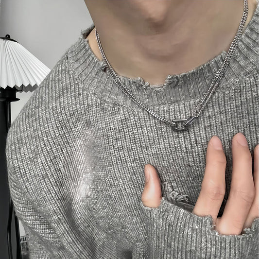 Tan Jianci has the same minimalist square ring interlocking double-layer necklace for men and women, trendy versatility, high-end collarbone chain for men