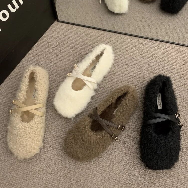 French evening breeze cross-buckle Mary Jane cotton shoes women's 2024 fall/winter new comfortable and versatile fur shoes