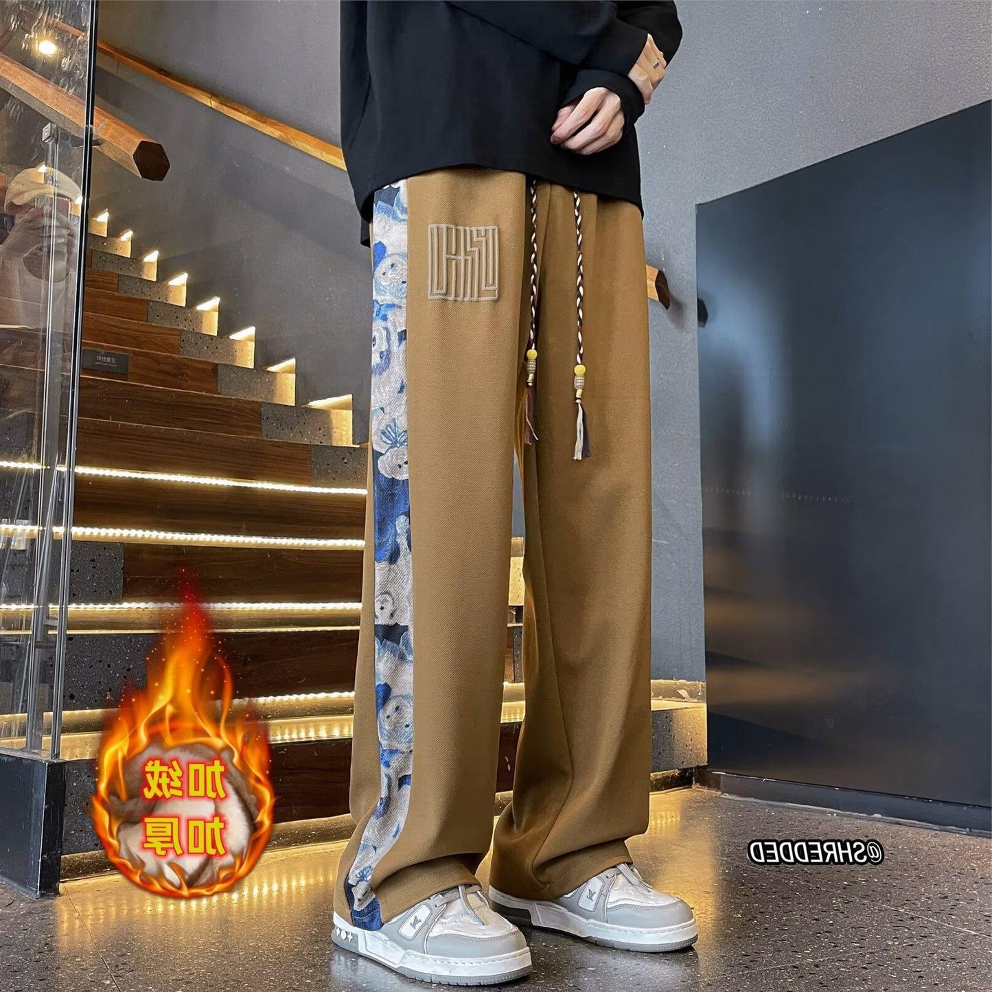 Cross-border new loose casual pants men's trend versatile pants autumn new pendant velvet mopping trousers apricot color