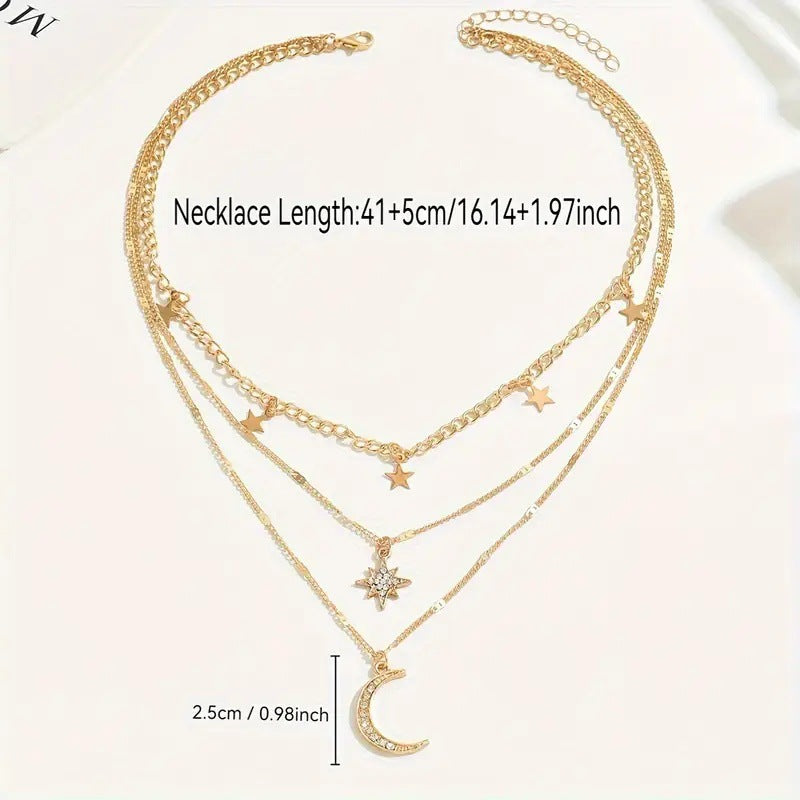 European and American cross-border jewelry, fashion, diamond-studded five-pointed star, crescent pendant, multi-layered necklace, personality, clavicle chain necklace