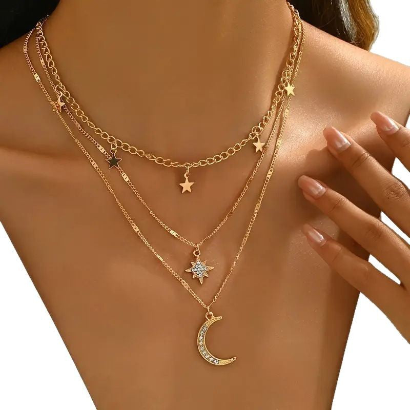 European and American cross-border jewelry, fashion, diamond-studded five-pointed star, crescent pendant, multi-layered necklace, personality, clavicle chain necklace
